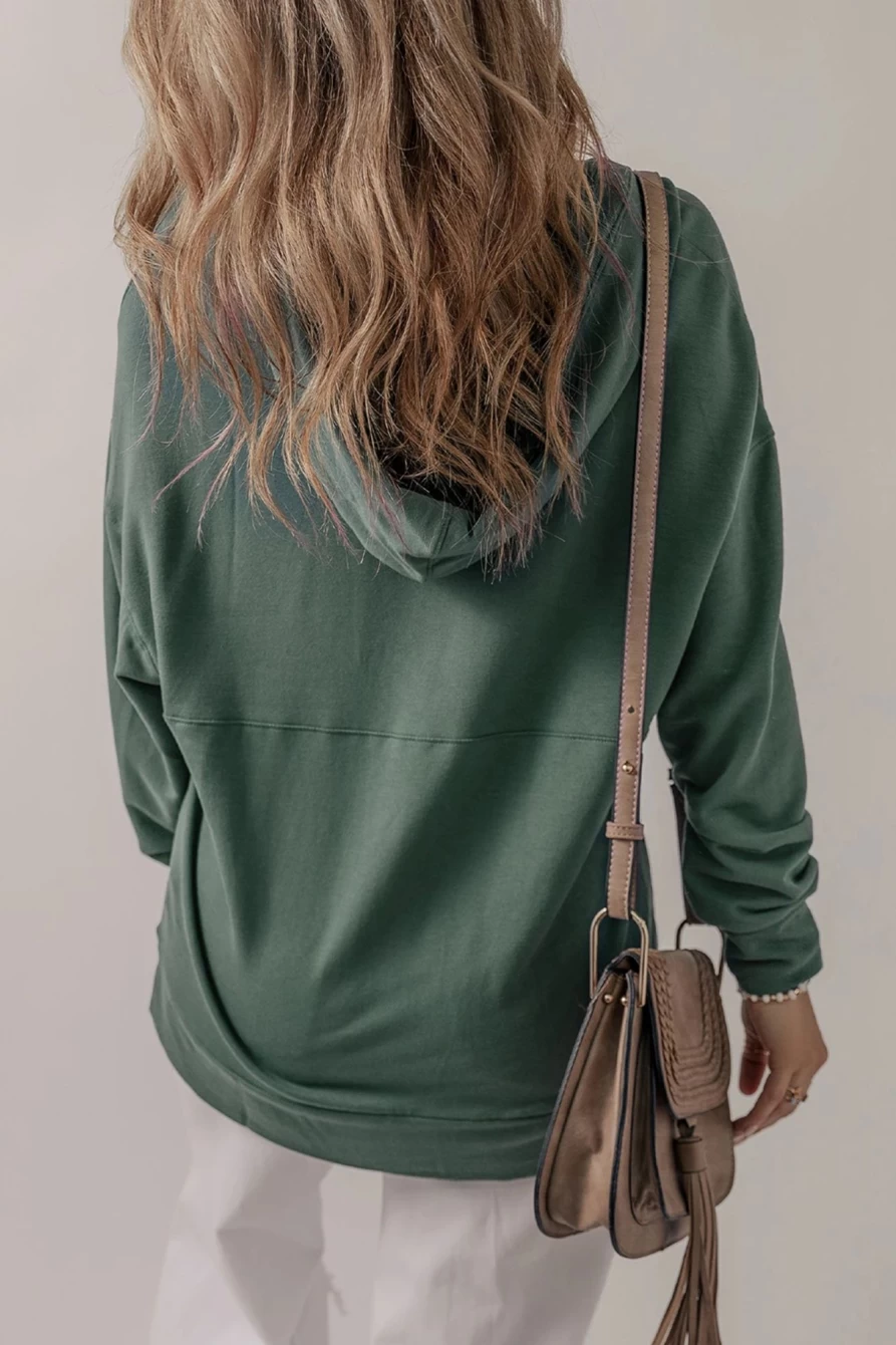 Shewin Women's Sea Green Casual V Neck Drawstring Hoodie