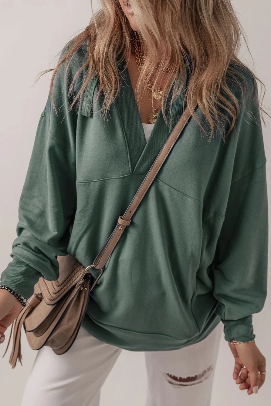 Shewin Women's Sea Green Casual V Neck Drawstring Hoodie