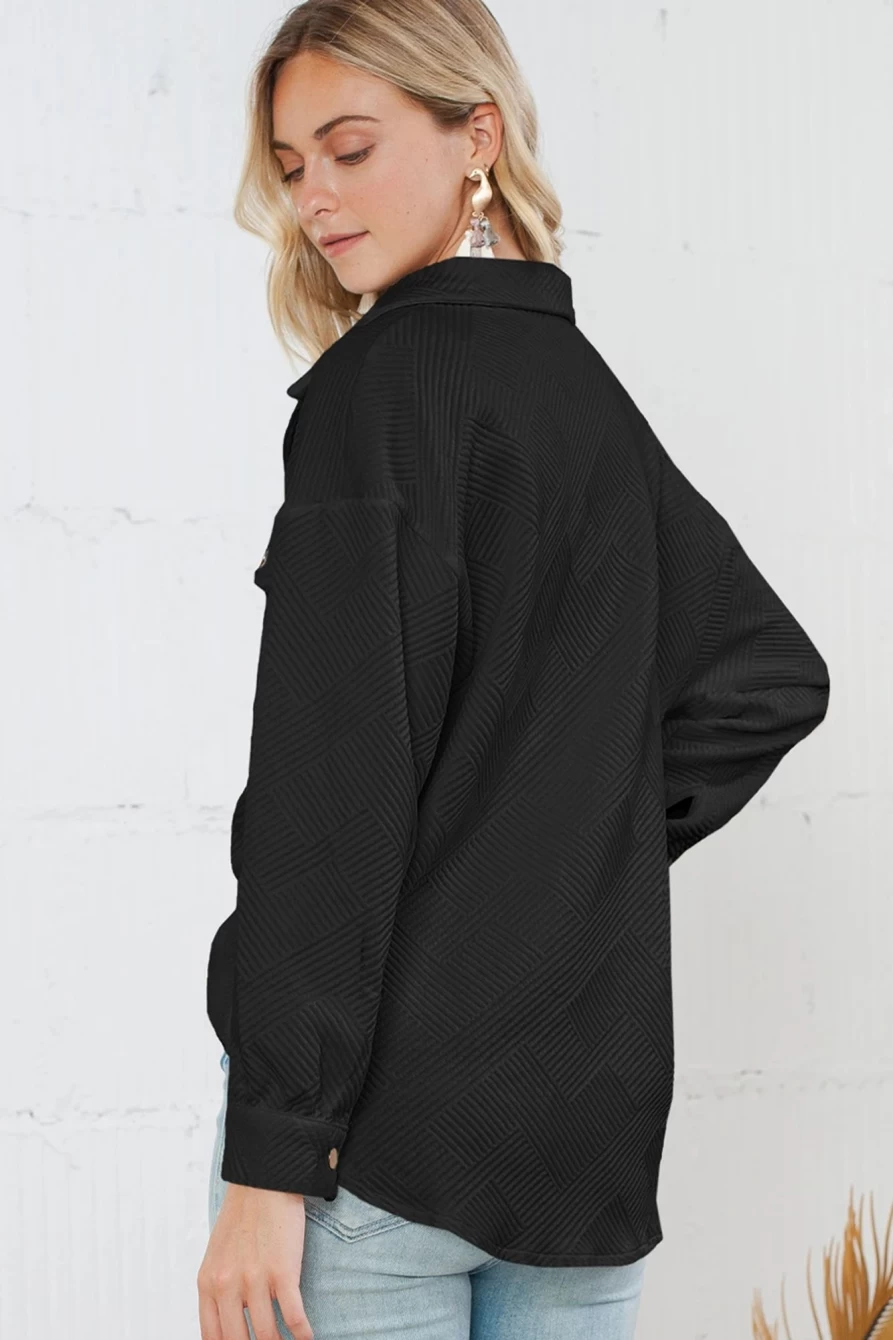 Women's Black Solid Textured Shacket by Shewin - Flap Pocket Buttoned Coat Style