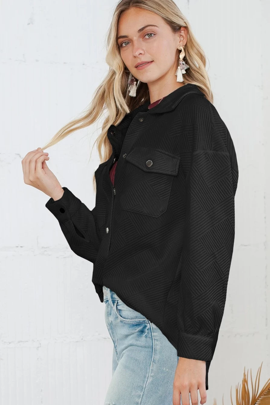 Women's Black Solid Textured Shacket by Shewin - Flap Pocket Buttoned Coat Style