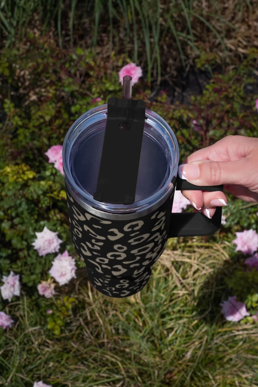 Shewin Black Leopard Print 304 Stainless Steel Double Wall Insulated Tumbler Mug with Handle for Women