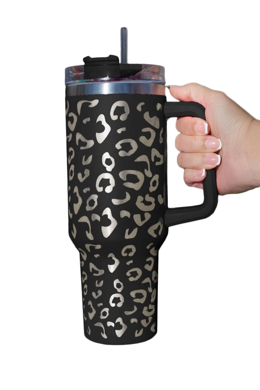 Shewin Black Leopard Print 304 Stainless Steel Double Wall Insulated Tumbler Mug with Handle for Women