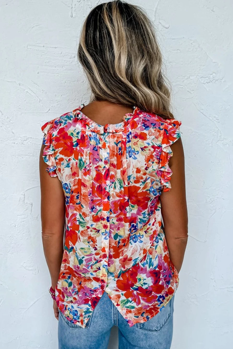 "SheWin Women's Red Boho Floral Print Frill Neck Pleated Sleeveless Blouse"
