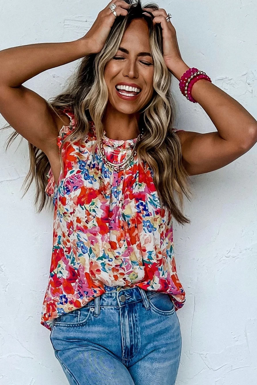 "SheWin Women's Red Boho Floral Print Frill Neck Pleated Sleeveless Blouse"