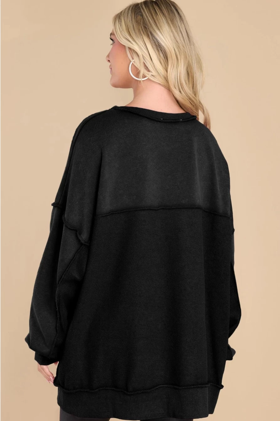 Shewin Women's Black Patchwork Henley Sweatshirt with Exposed Seams