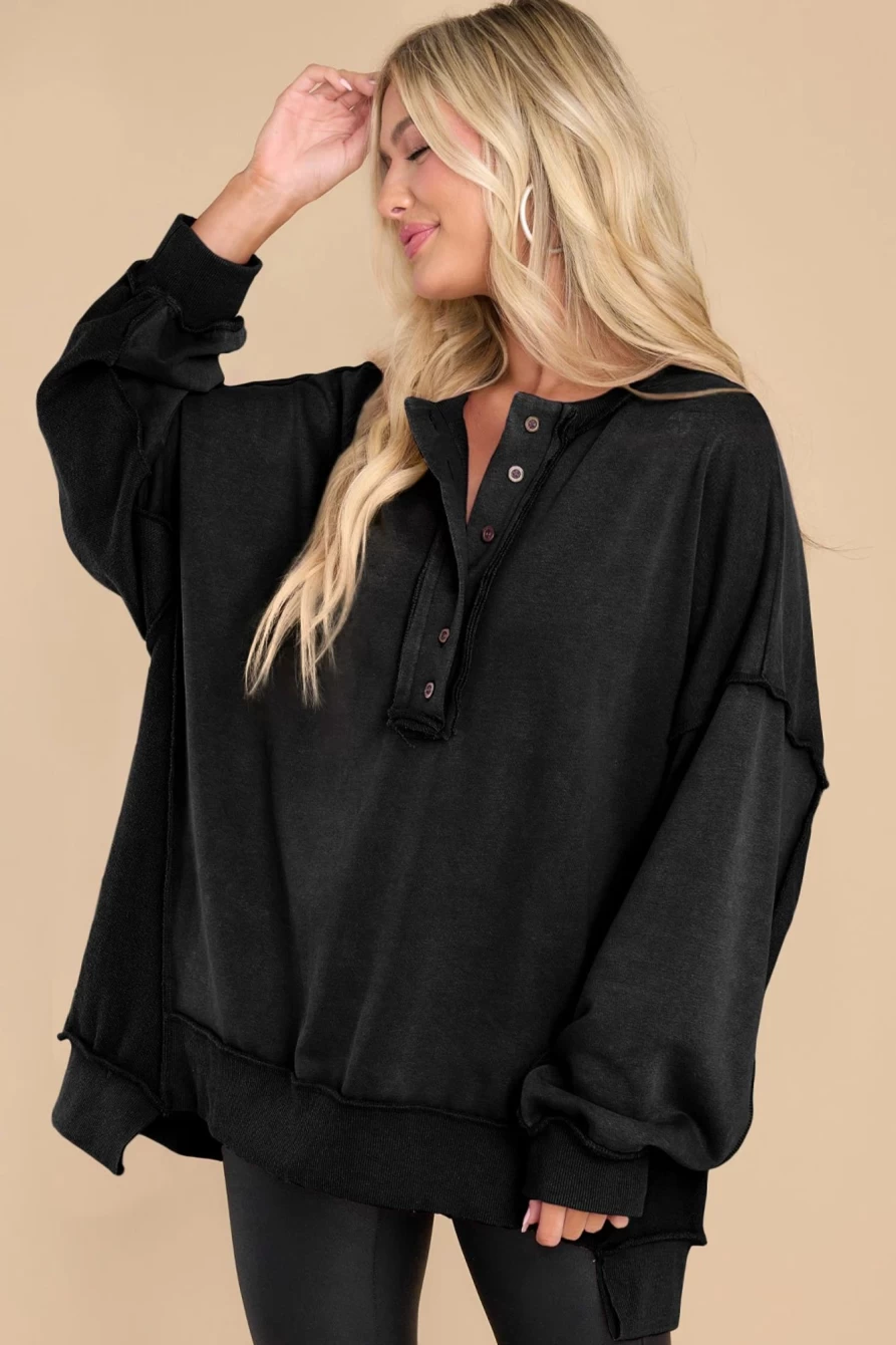 Shewin Women's Black Patchwork Henley Sweatshirt with Exposed Seams