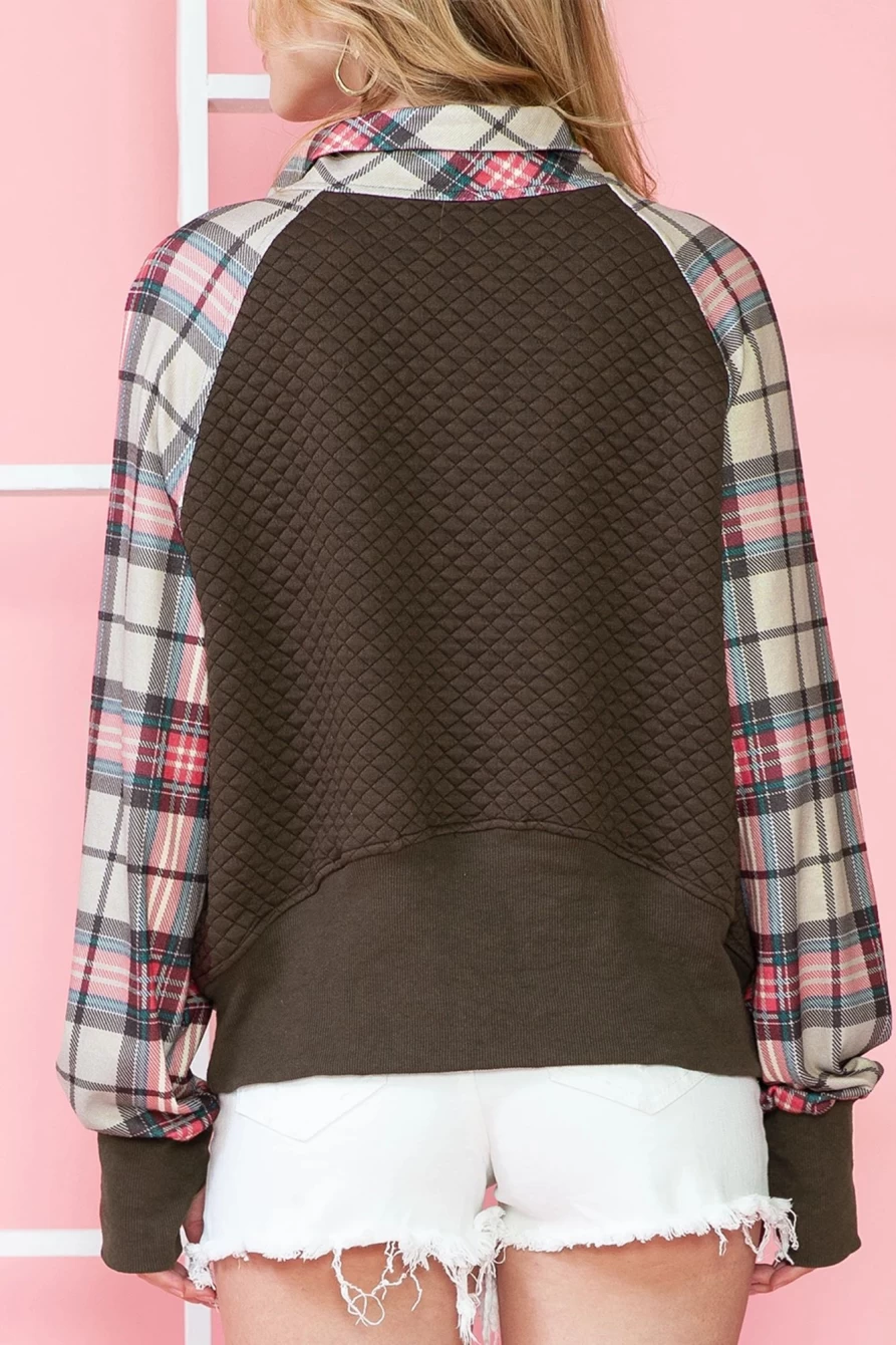"Shewin Women's Khaki Printed Quilted Plaid Patchwork Half Zip Sweatshirt with Kangaroo Pocket"