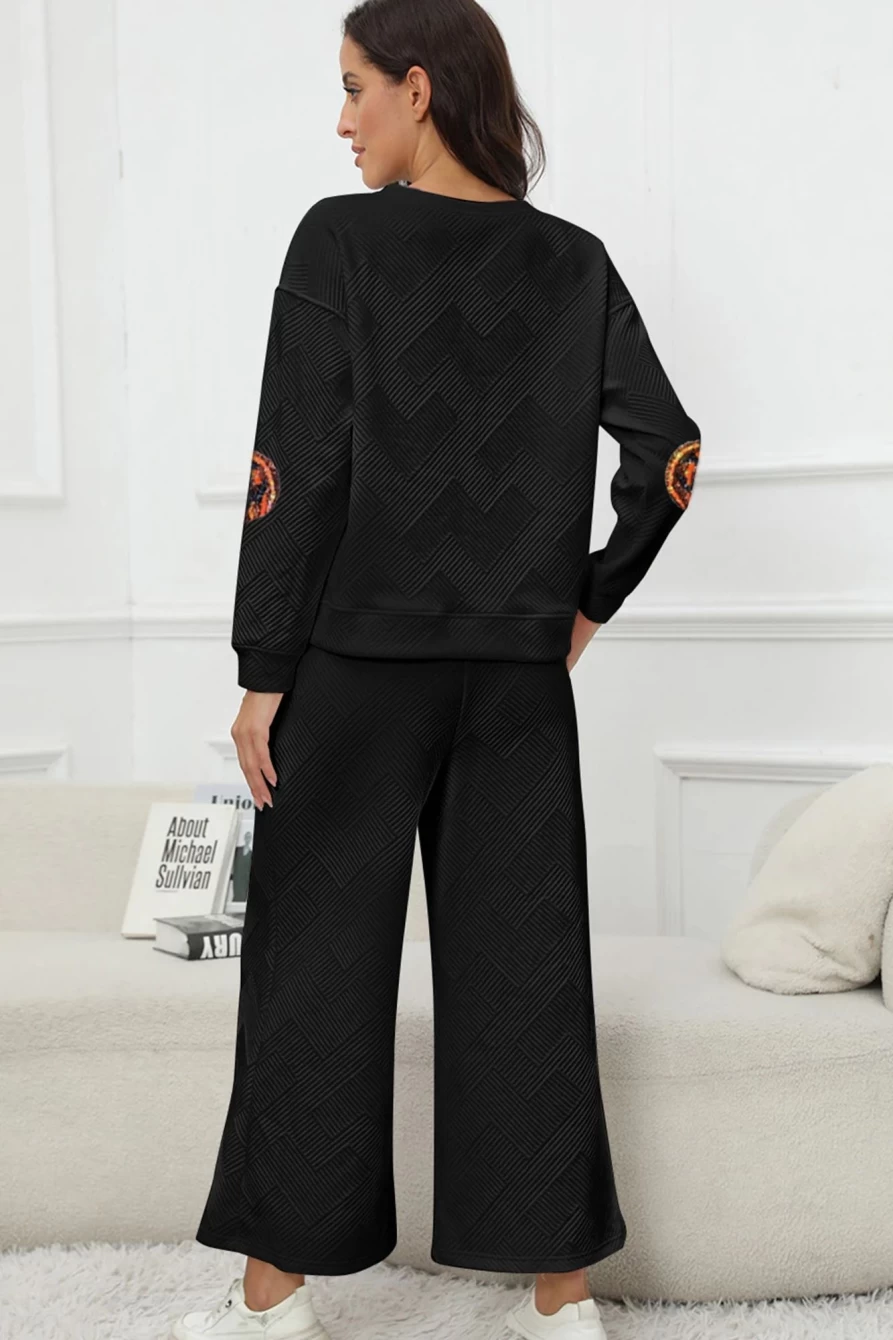 Shewin Women's Black Textured Sequined Pumpkin Face Graphic Pants Set - Halloween Fashion Trousers