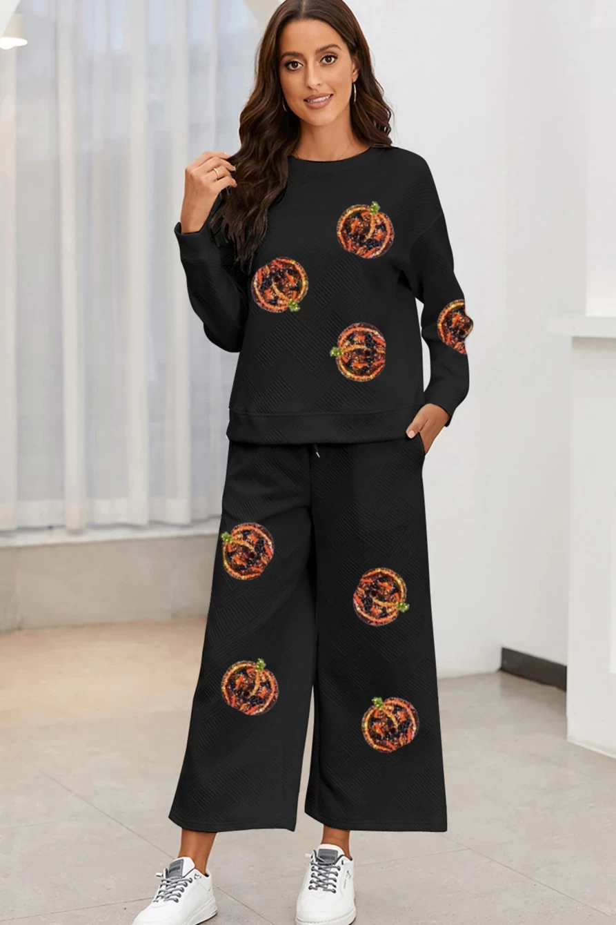 Shewin Women's Black Textured Sequined Pumpkin Face Graphic Pants Set - Halloween Fashion Trousers