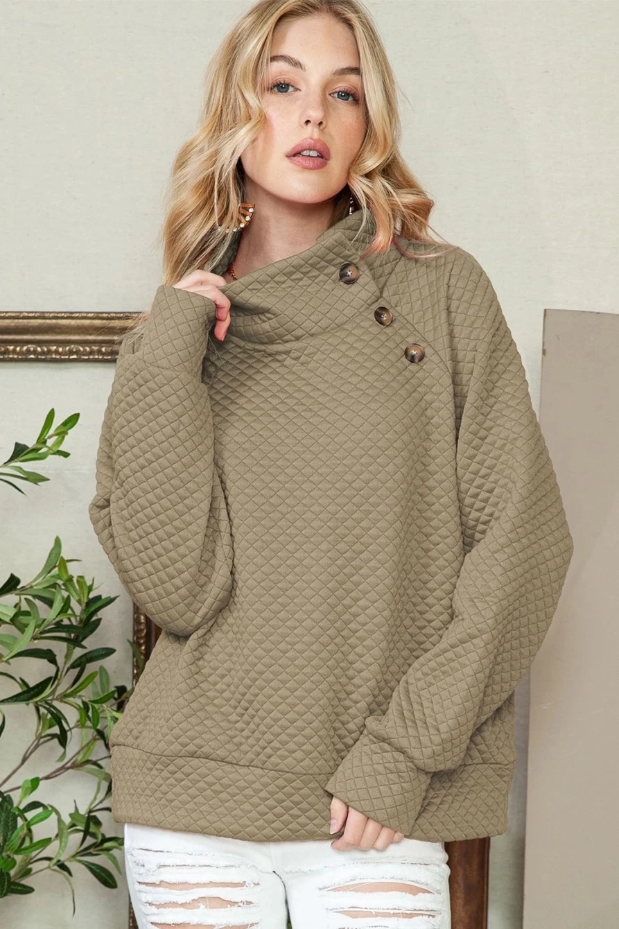 Shewin Women's Apricot Quilted Button-Detail Pullover Sweatshirt