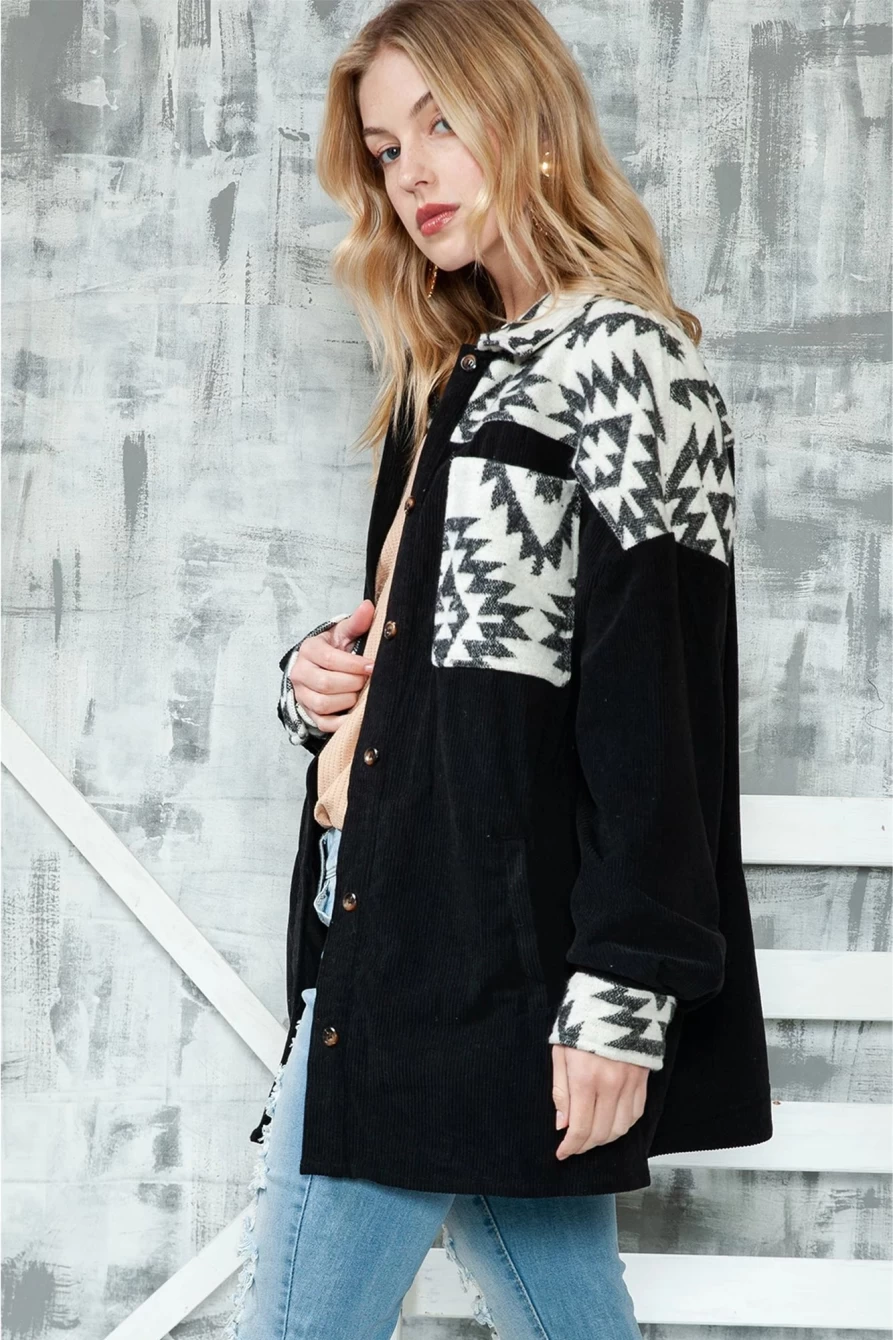 Shewin Women's Black Geometric Patchwork Buttoned Corded Shacket Jacket
