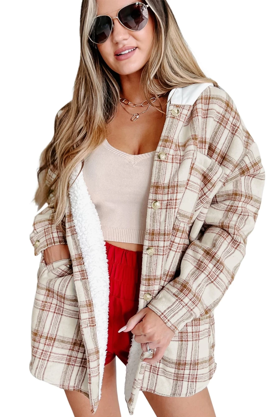 Women's Red Plaid Sherpa-Lined Hooded Jacket with Pockets - Shewin
