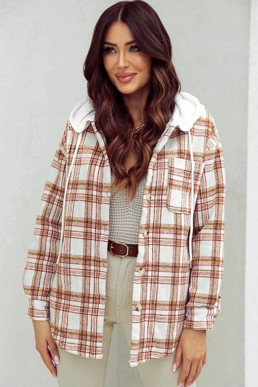 Women's Red Plaid Sherpa-Lined Hooded Jacket with Pockets - Shewin
