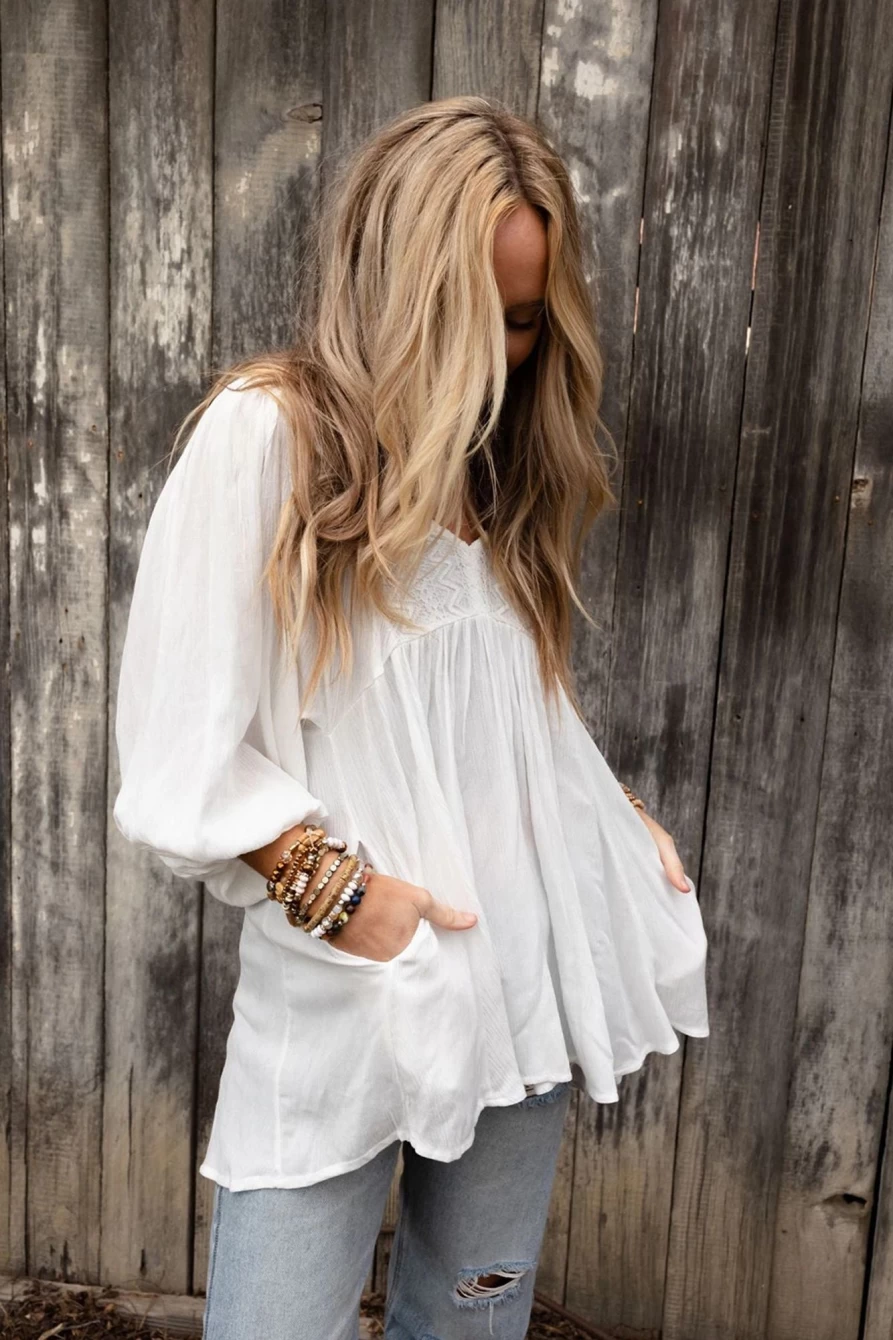 Shewin Women's White Lace V-Neck Blouse with Ruffle Sleeves and Bracelet Detailing
