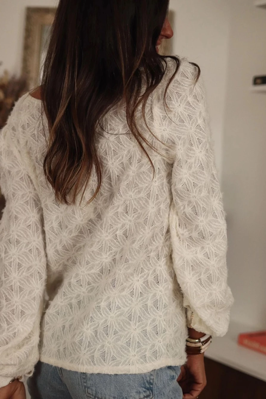 Shewin Women's Beige Lace Flower Textured V-Neck Button Front Shirt