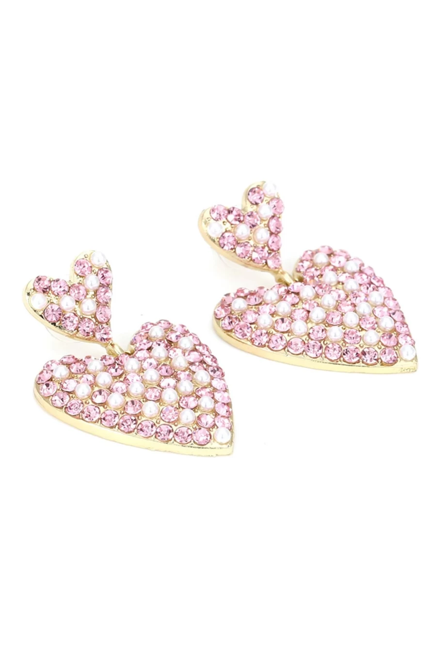 Shewin Pink Rhinestone Pearl Heart-Shaped Valentine's Day Earrings for Women