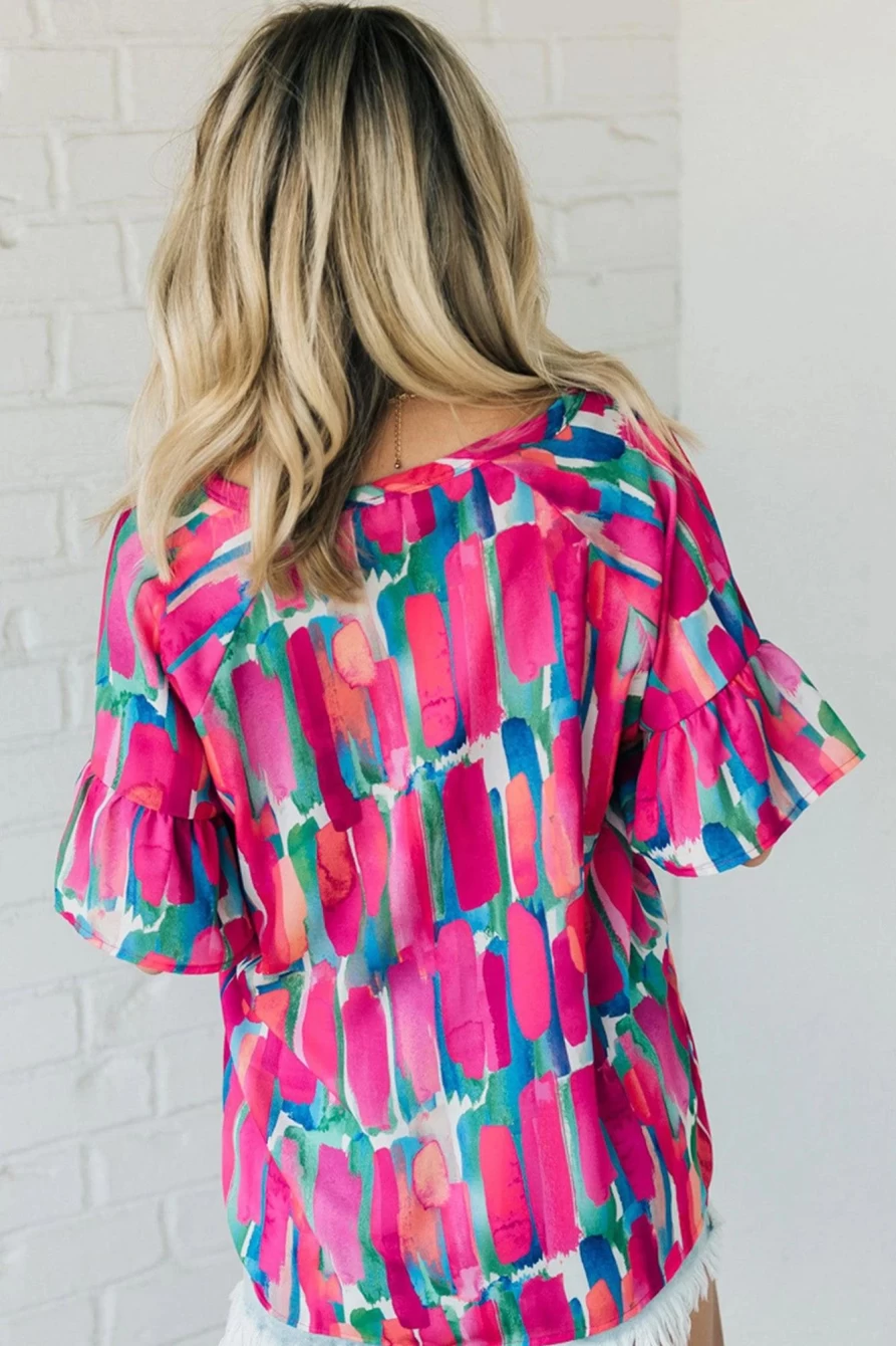 "SheWin Women's Rose Abstract Brushwork Print Button-Down V-Neck Blouse"