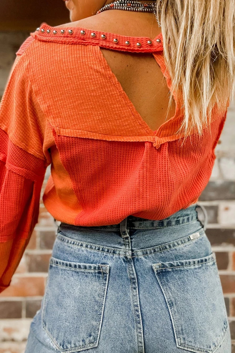 Shewin Women's Red Waffle Knit V-Neck Top with Studded Details & Keyhole Back