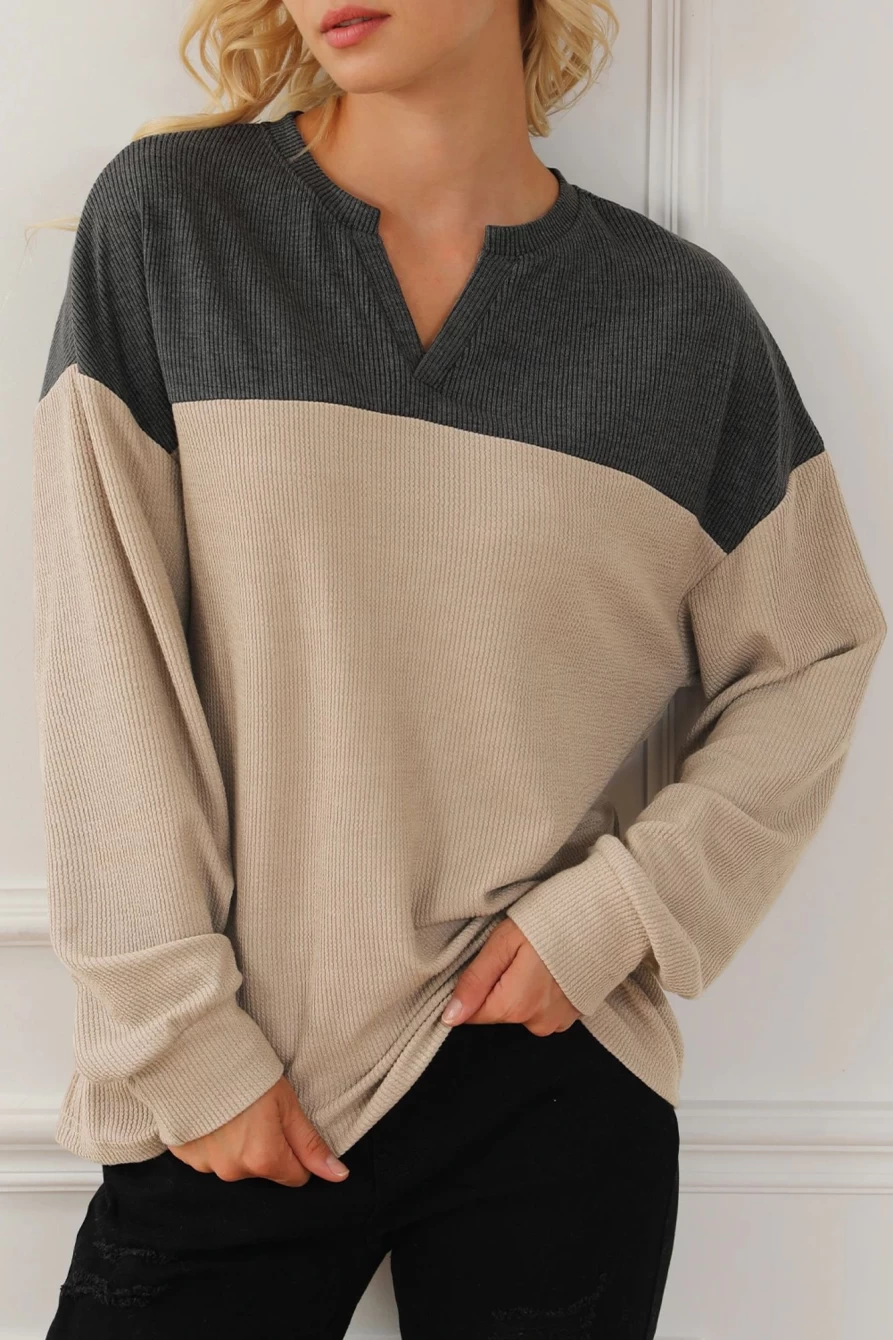 Shewin Women's Carbon Grey Patchwork V-Neck Corded Sweatshirt