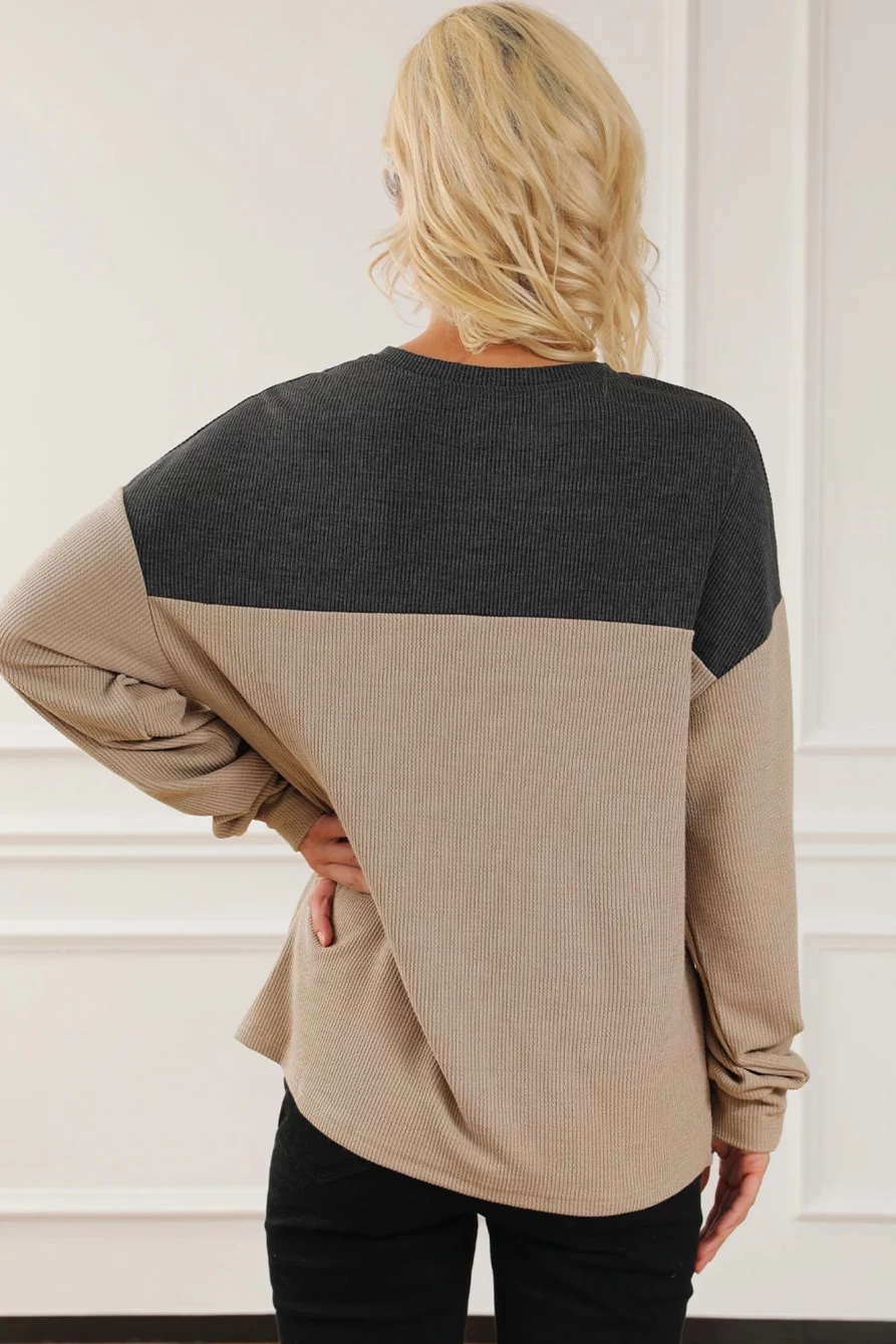 Shewin Women's Carbon Grey Patchwork V-Neck Corded Sweatshirt