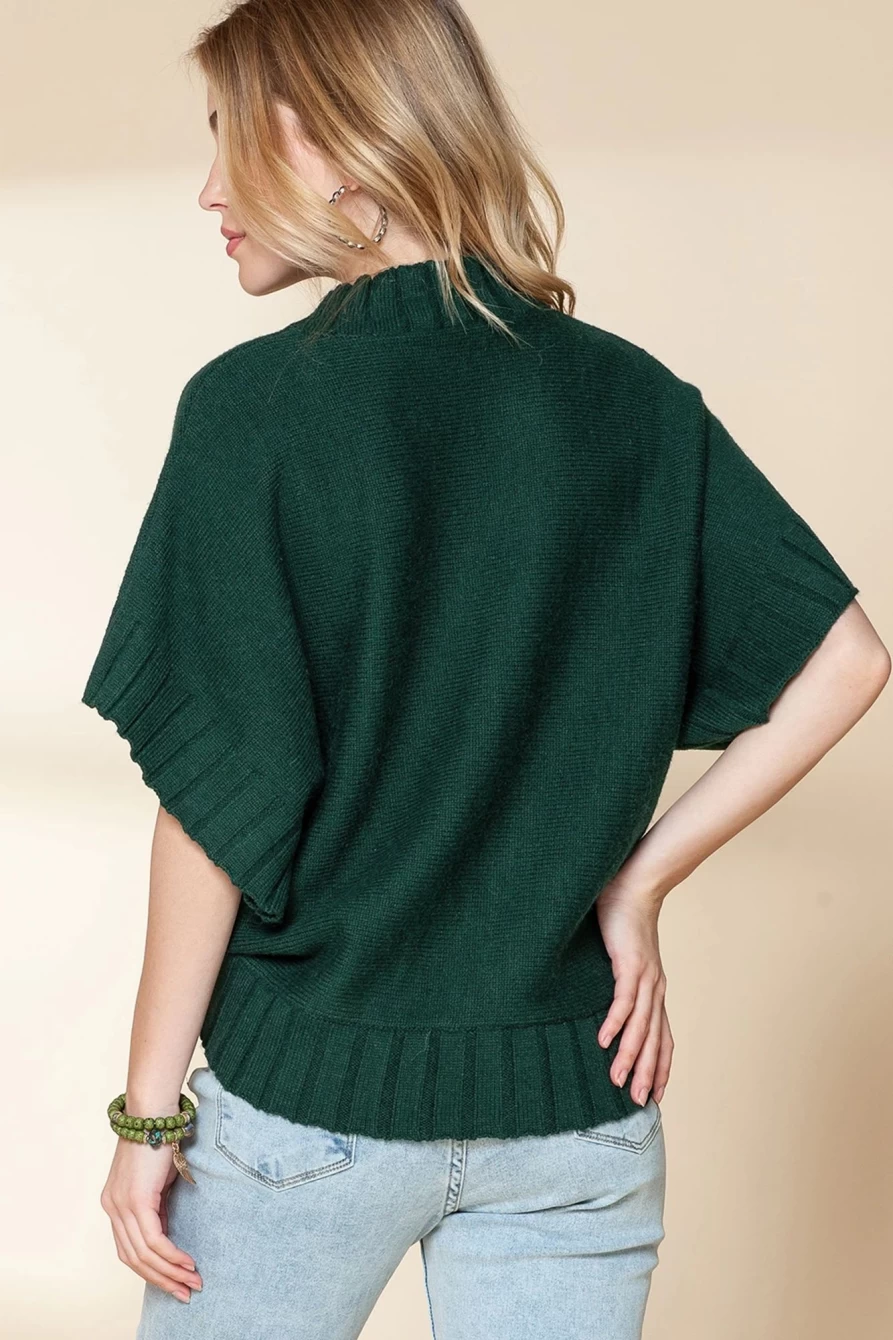 Shewin Women's Mock Neck Batwing Sleeve Knit Sweater in Blackish Green
