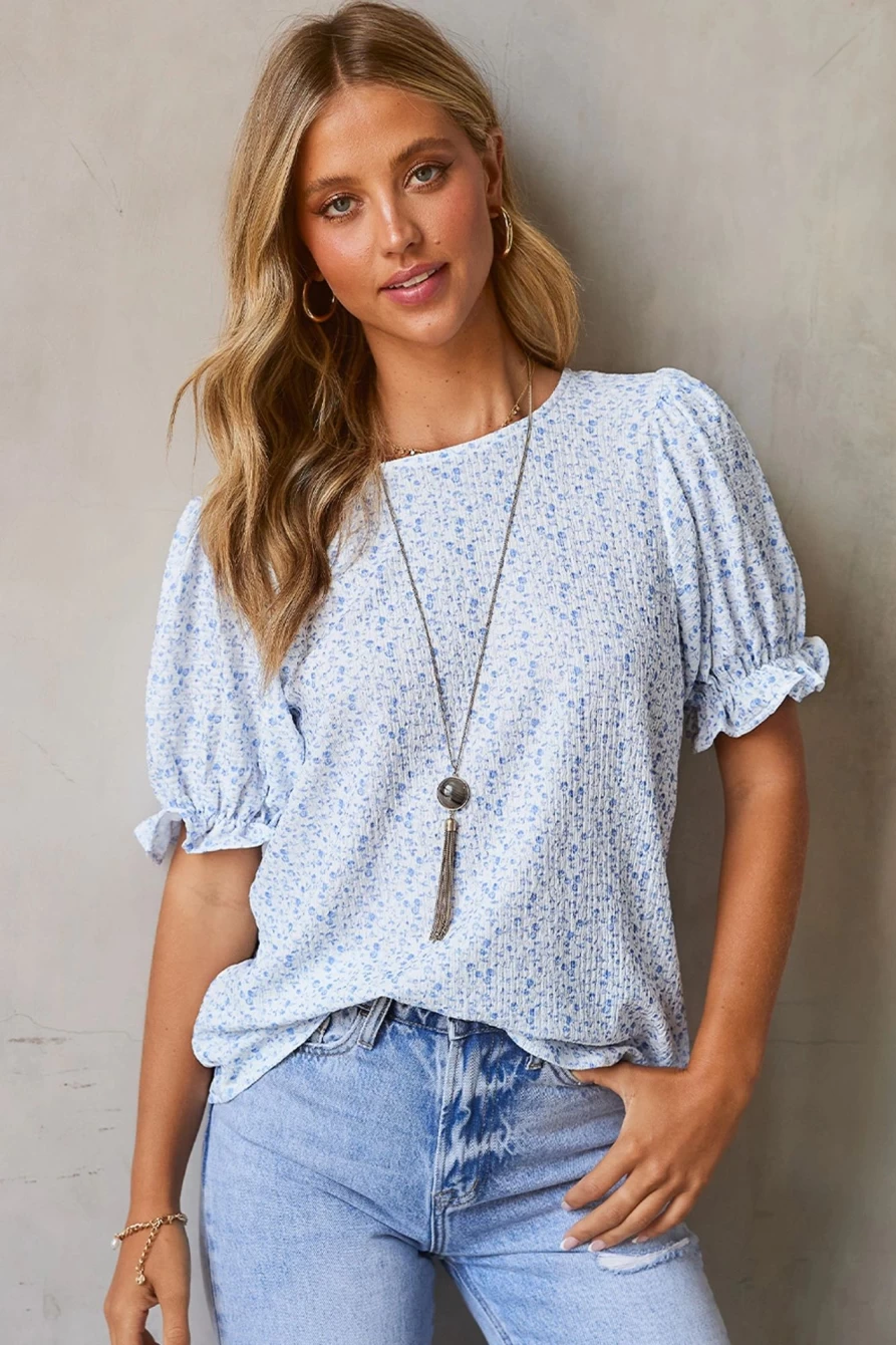 "Shewin Women's Sky Blue Boho Floral Print Smocked Blouse with Puff Sleeves"