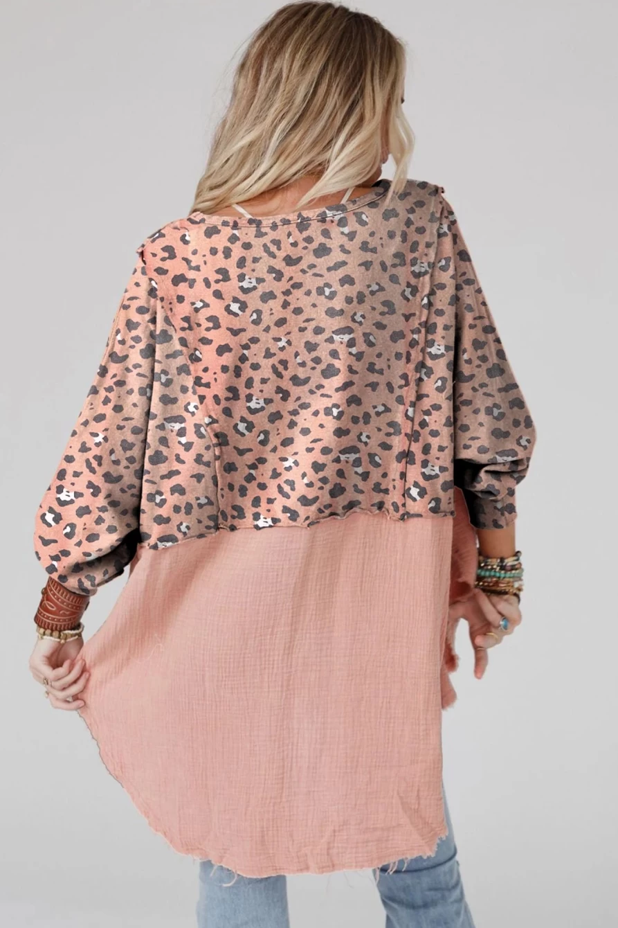 Shewin Women's Pink Leopard Patchwork Raw Edge Oversized Top