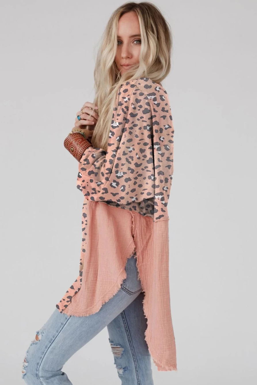 Shewin Women's Pink Leopard Patchwork Raw Edge Oversized Top