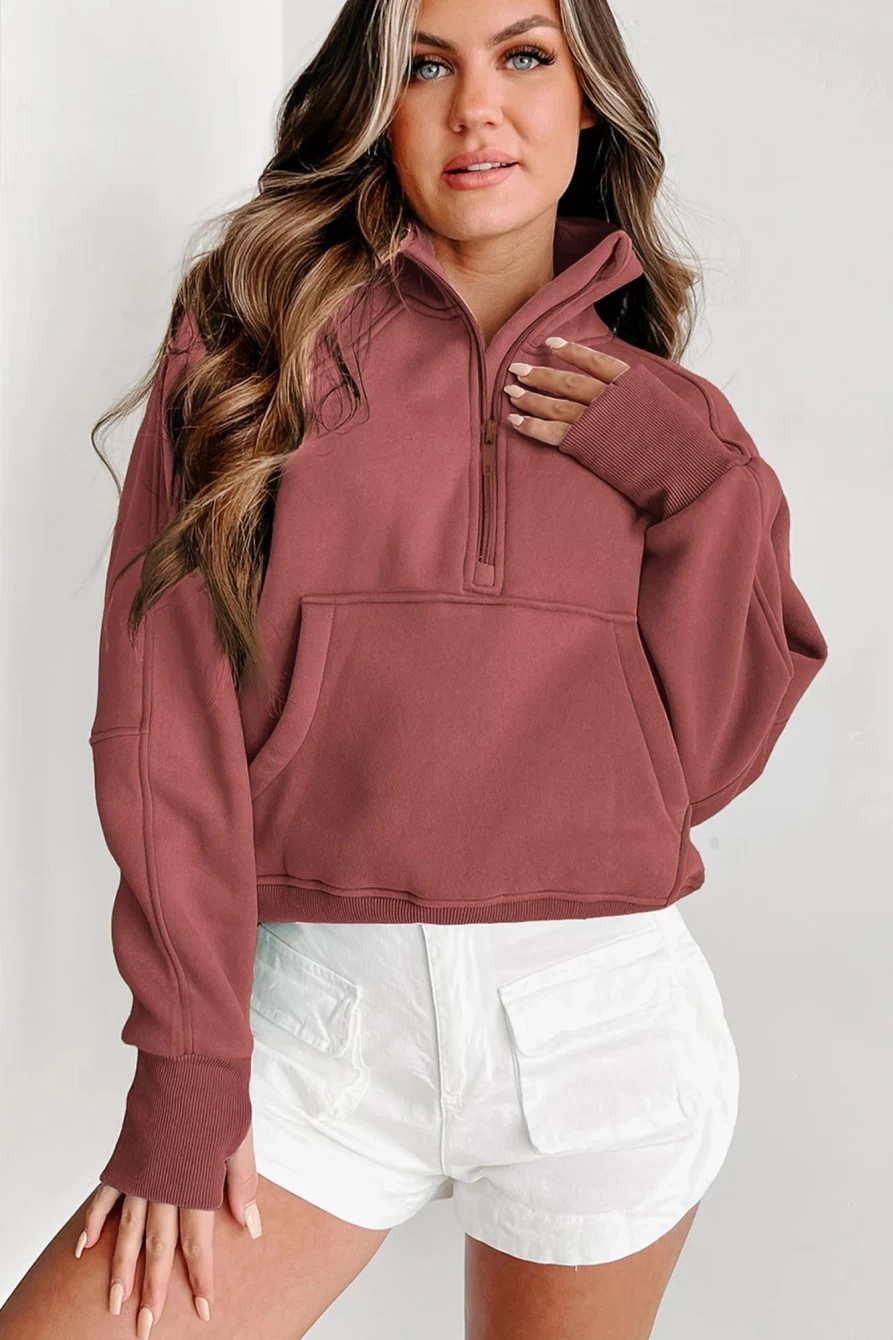 Shewin Women's Brown Zip-Up Stand Collar Thumbhole Sleeve Sweatshirt