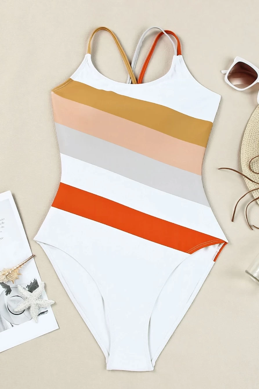 Shewin Women's Multicolor Striped Criss Cross Backless One Piece Swimsuit