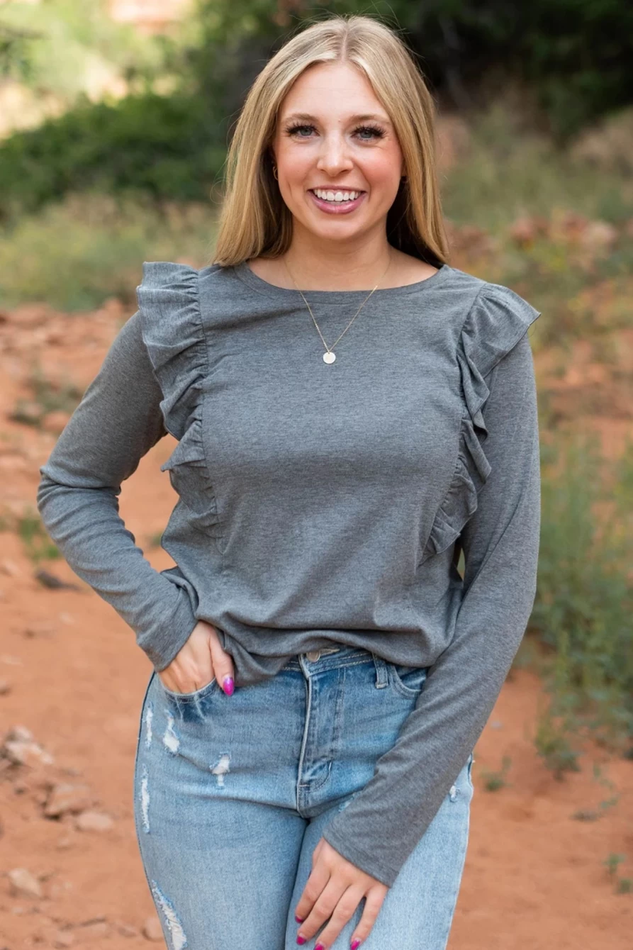Shewin Women's Dark Grey Solid Color Ruffle Long Sleeve Top