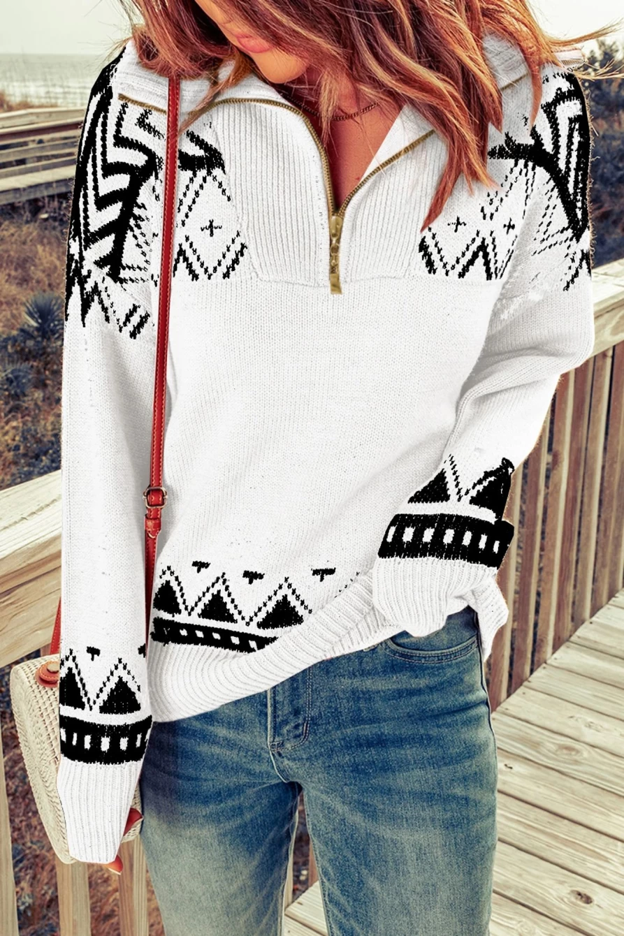 Shewin Women's White Geometric Collared Quarter Zip Sweater