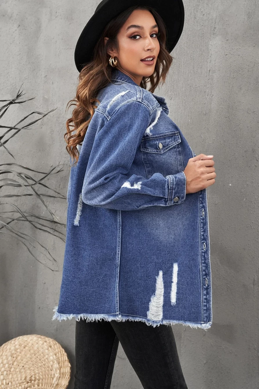 Women's Blue Distressed Denim Jacket with Flap Pockets & Raw Hem - SHEWIN