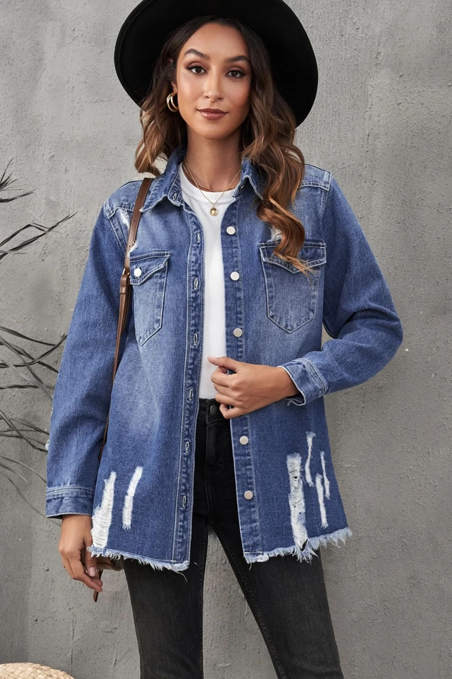 Women's Blue Distressed Denim Jacket with Flap Pockets & Raw Hem - SHEWIN