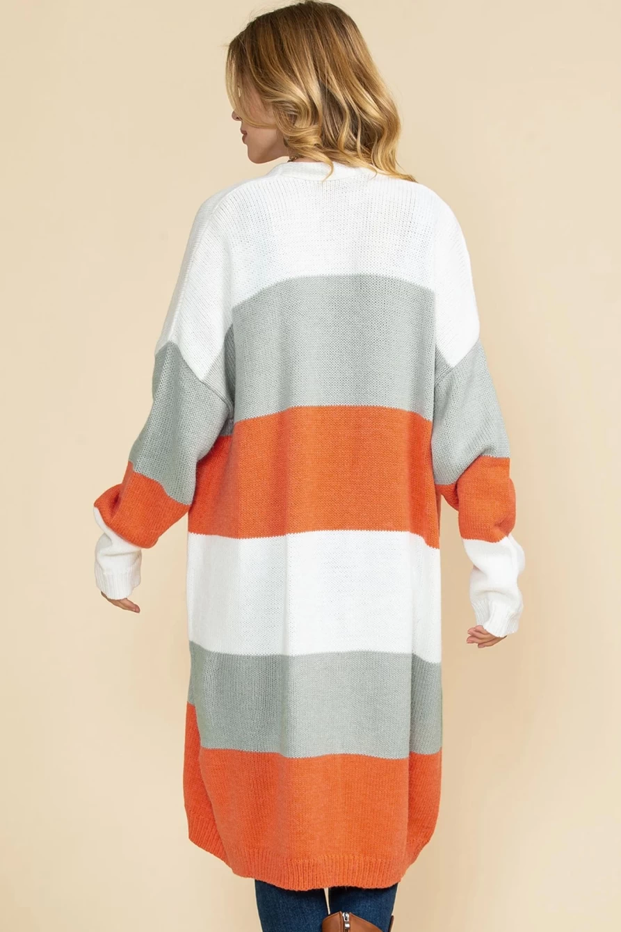 Shewin Women's Orange Colorblock Open Front Long Cardigan Coat