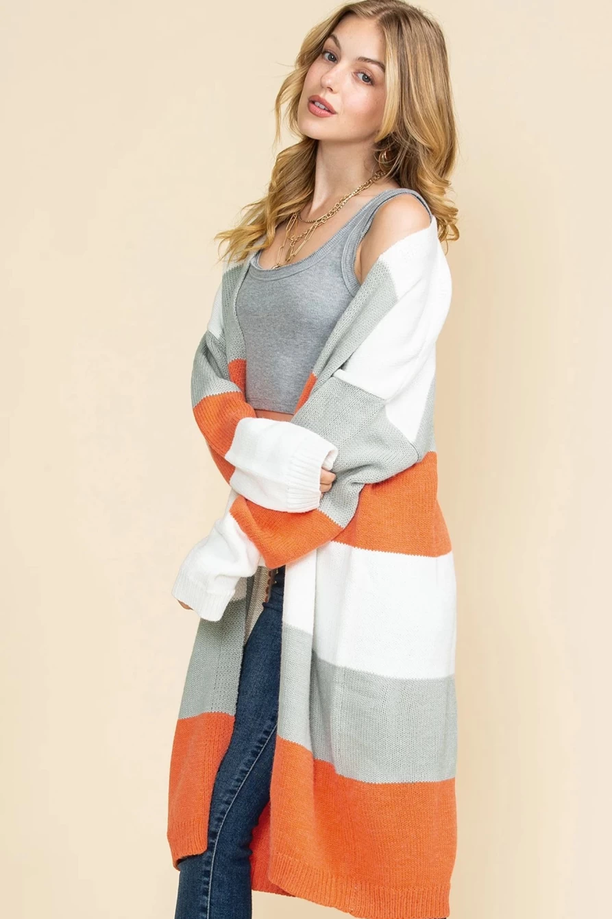 Shewin Women's Orange Colorblock Open Front Long Cardigan Coat