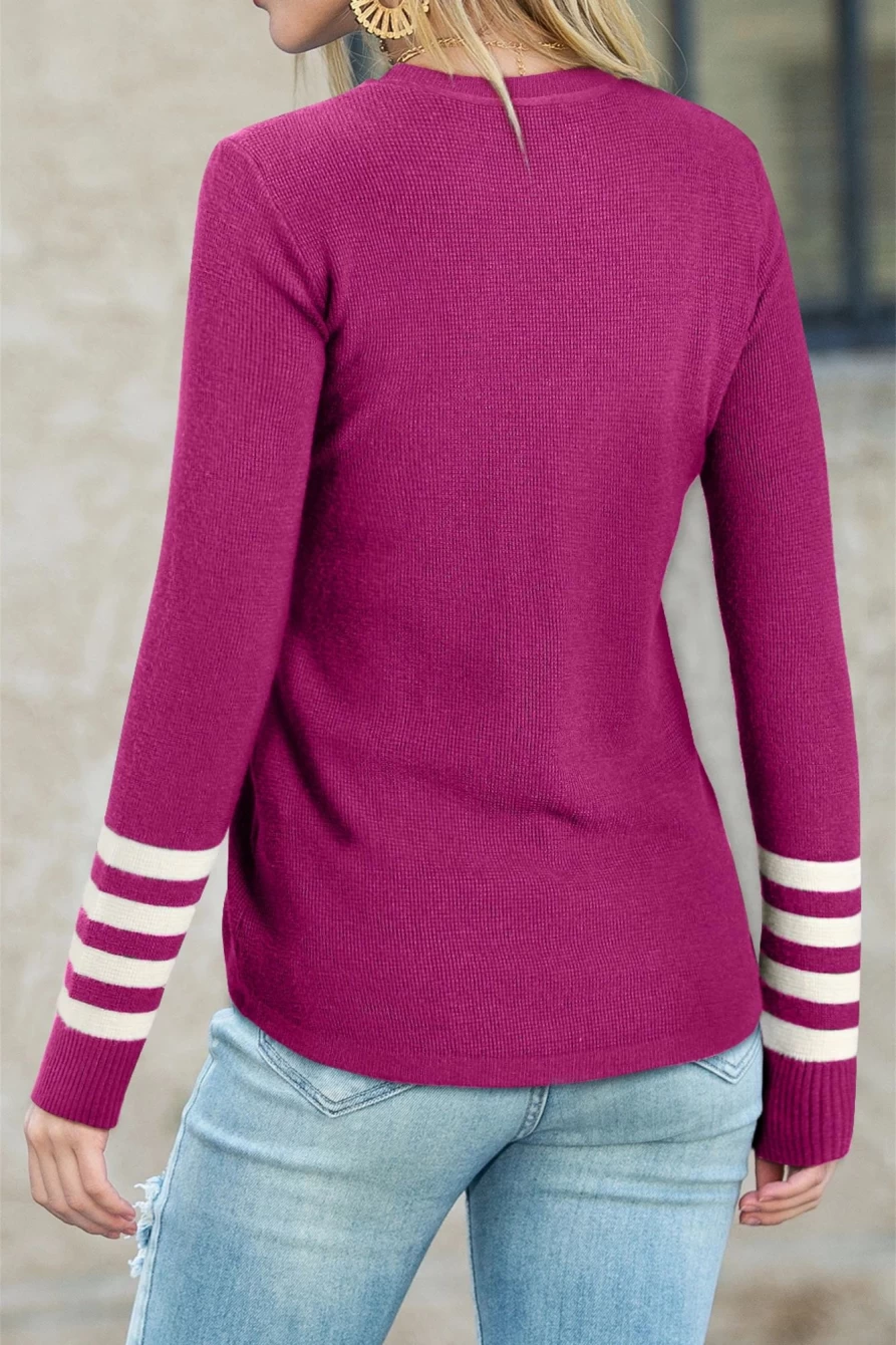 Shewin Women's Rose Striped Knit Sweater - Casual Crew Neck Long Sleeve Top