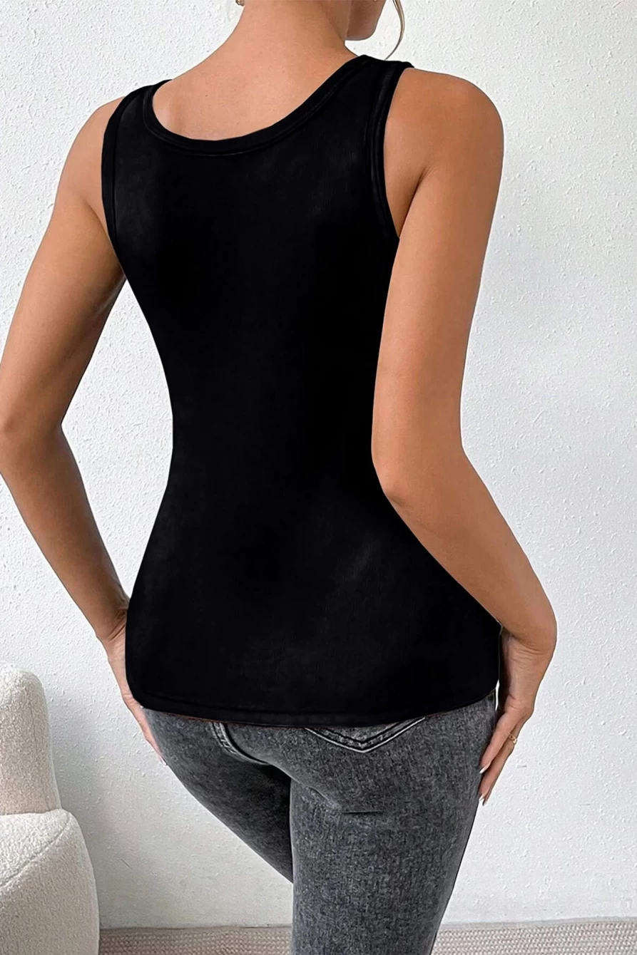Shewin Women's Black Thermal Fleece Lined Tank Top - Warm Soft Plain Sleeveless Shirt