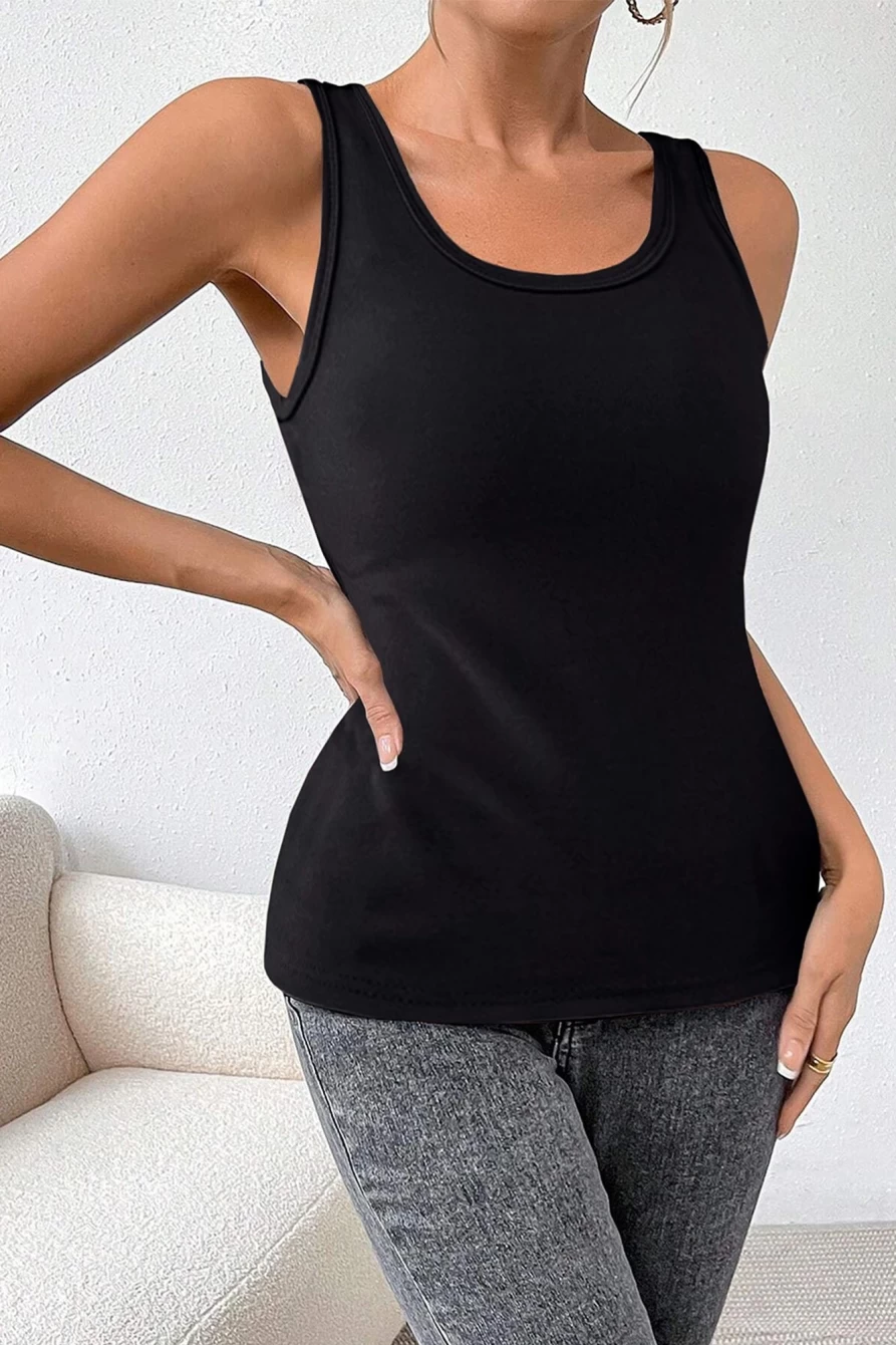 Shewin Women's Black Thermal Fleece Lined Tank Top - Warm Soft Plain Sleeveless Shirt