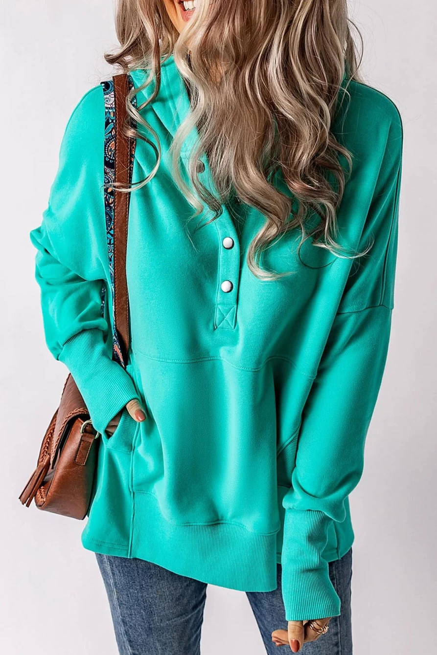 Shewin Women's Sky Blue Casual Batwing Sleeve Pocket Henley Hoodie