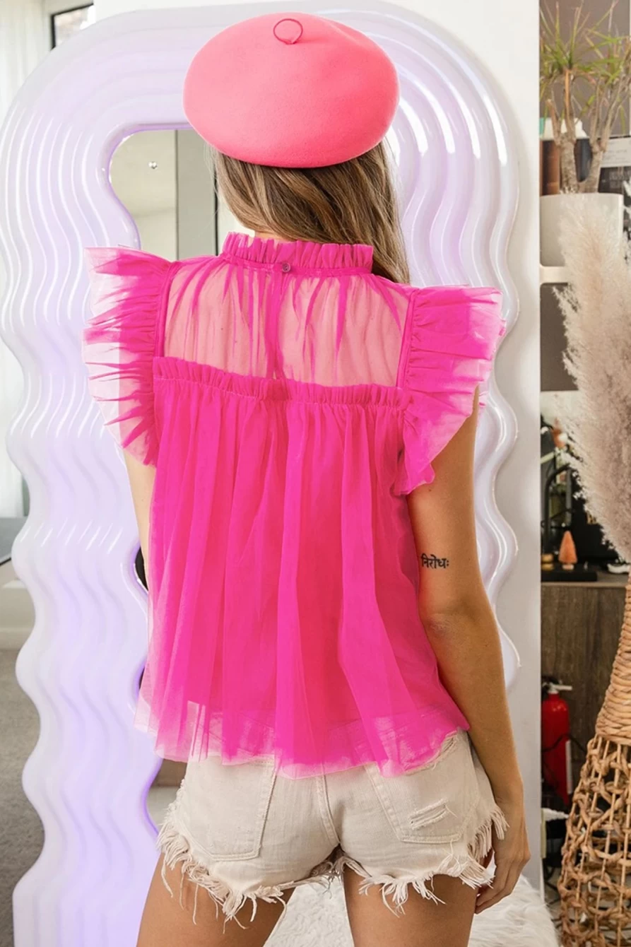 "SheWin Women's Strawberry Pink Ruffle Trim Mesh Layered Blouse - Elegant Feminine Top"