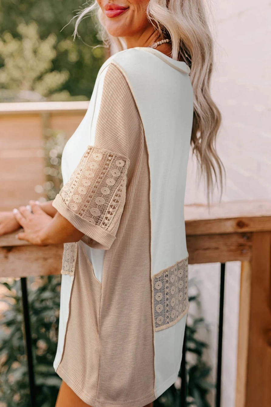 Shewin Women's White Lace Patchwork Henley Top with Ribbed Splicing Short Sleeves