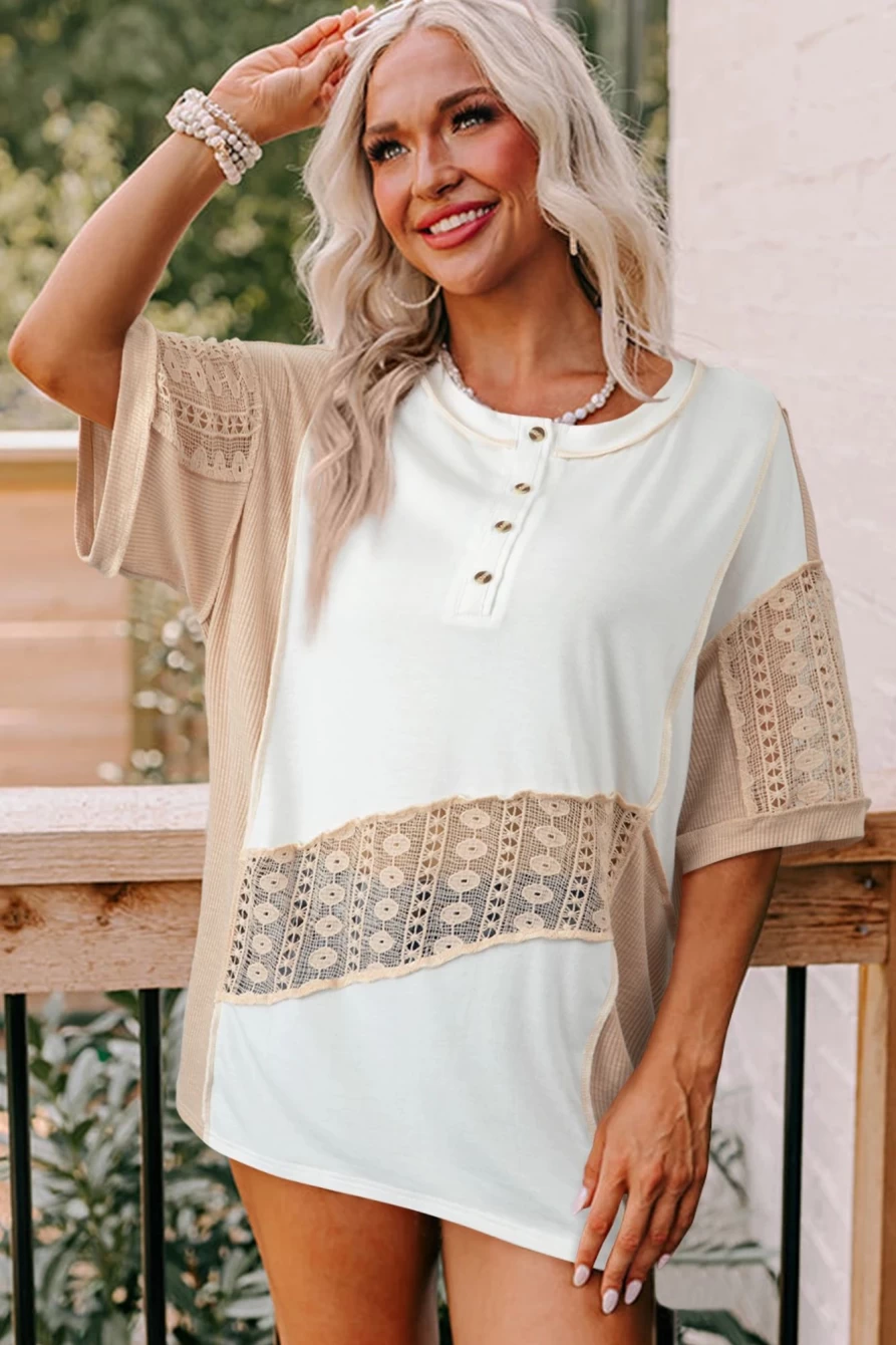 Shewin Women's White Lace Patchwork Henley Top with Ribbed Splicing Short Sleeves