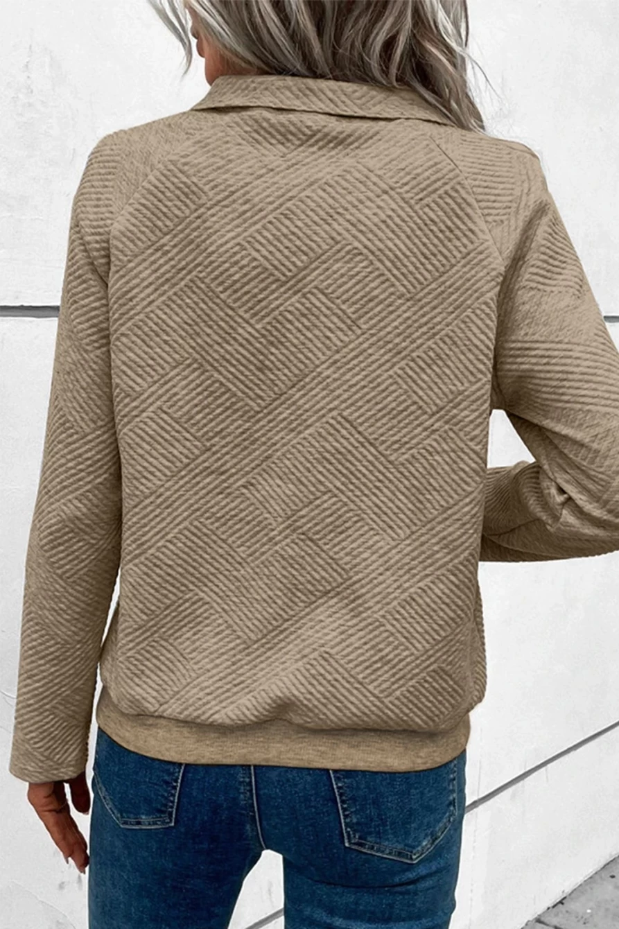 Women's Apricot Khaki Textured Kangaroo Pocket Henley Sweatshirt by Shewin