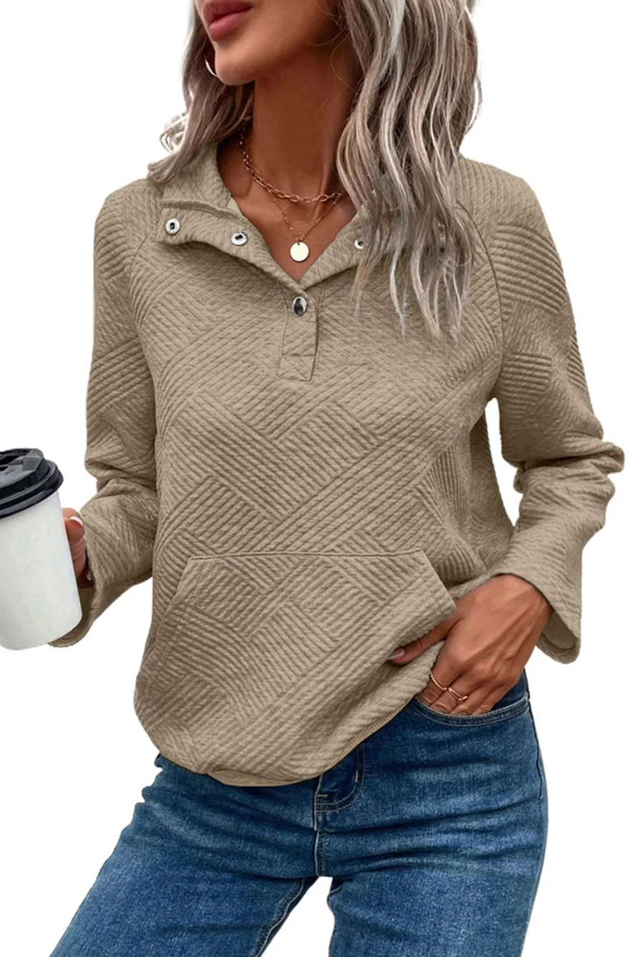 Women's Apricot Khaki Textured Kangaroo Pocket Henley Sweatshirt by Shewin