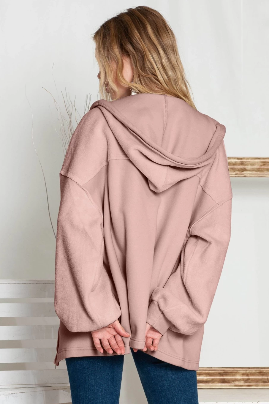Shewin Women's Pink Bishop Sleeve Zip Up Hoodie Jacket with Flap Pockets