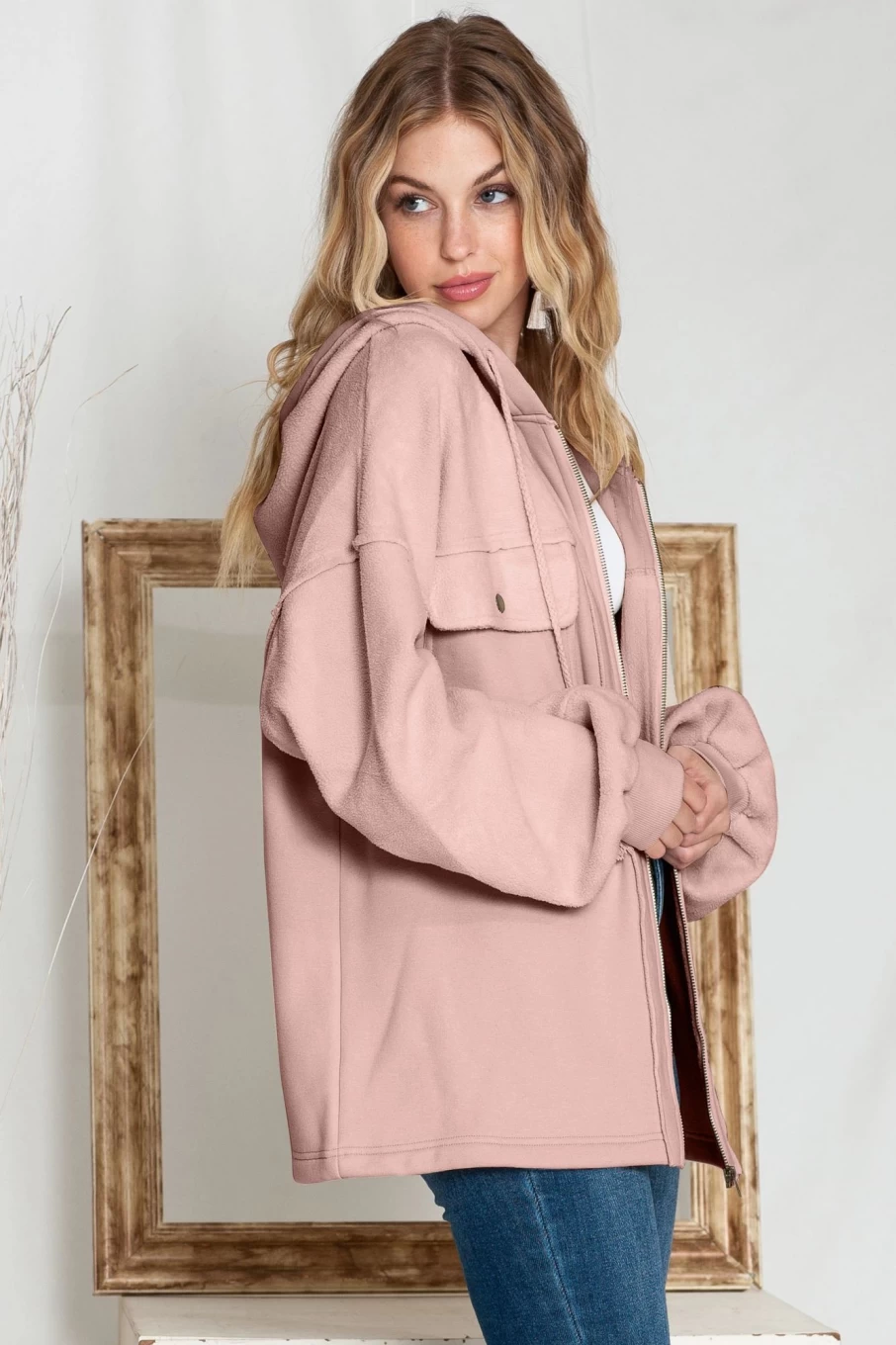 Shewin Women's Pink Bishop Sleeve Zip Up Hoodie Jacket with Flap Pockets
