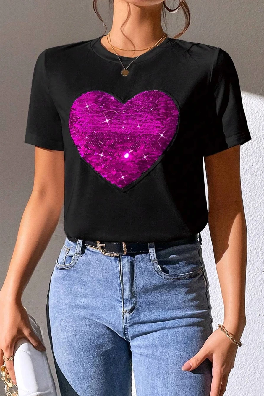 Shewin Women's Black Valentine Two-Tone Sequin Heart Graphic Tee - Romantic Glam Top