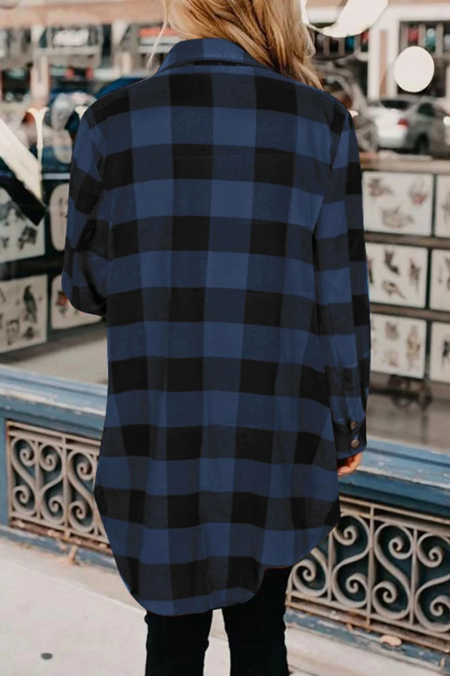 Women's Blue Plaid Shacket by Shewin - Casual Long Sleeve Collared Shirt Jacket