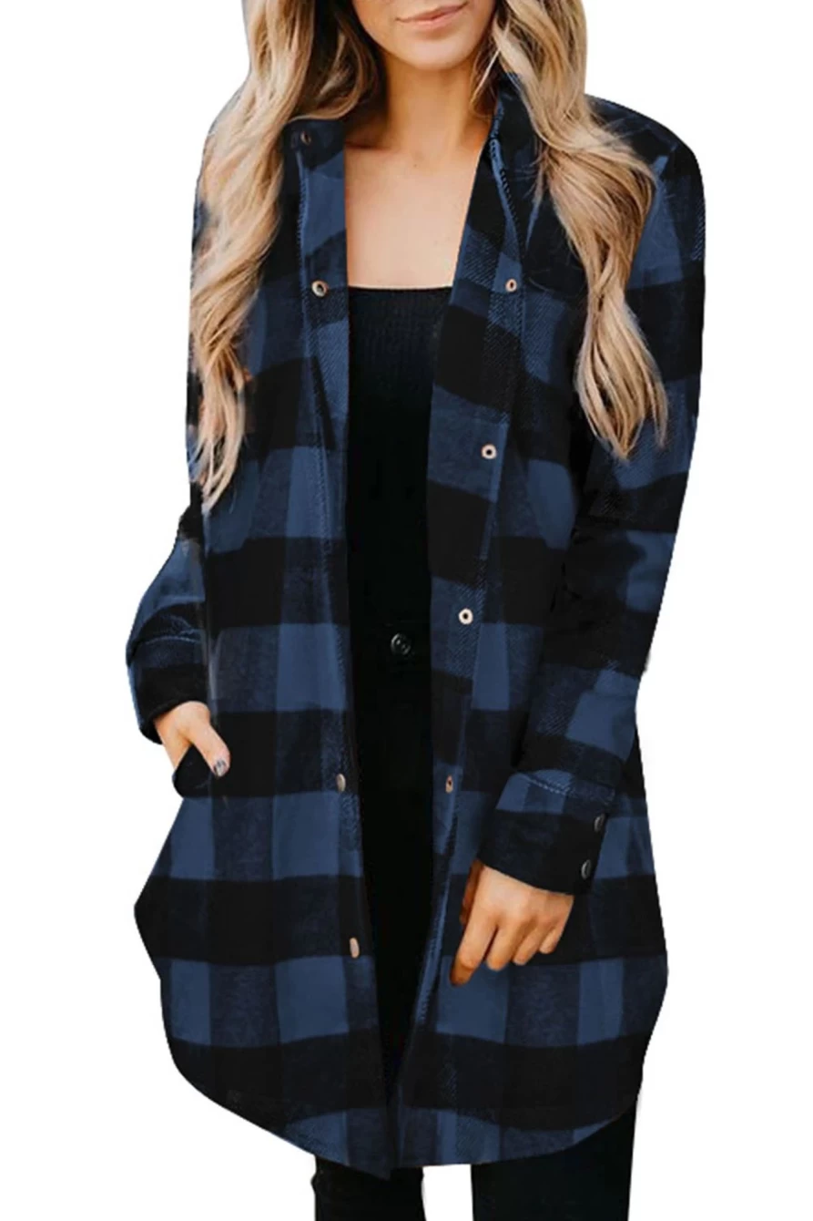 Women's Blue Plaid Shacket by Shewin - Casual Long Sleeve Collared Shirt Jacket